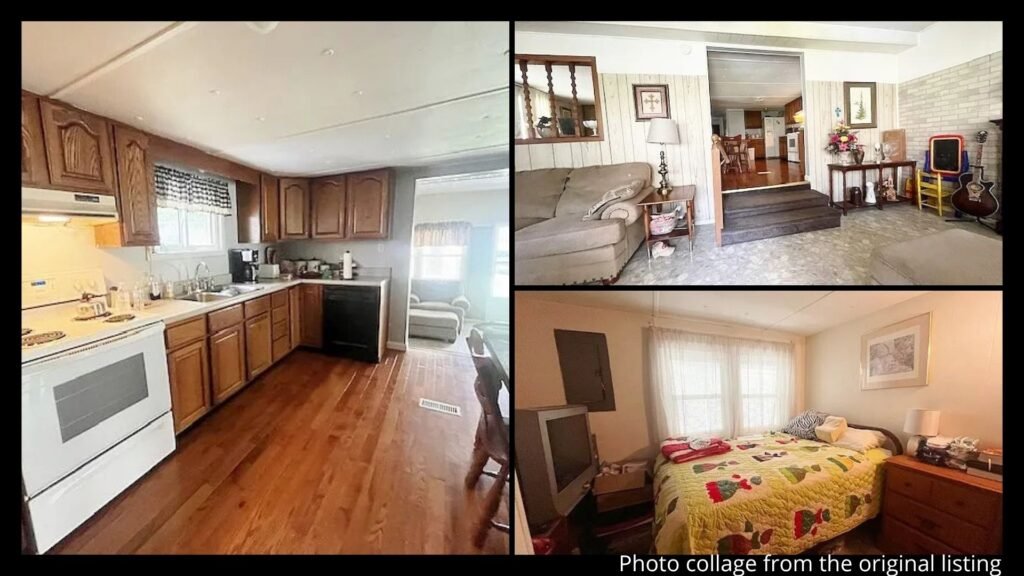 Interior collage of a move-in ready rural Kentucky home showing hardwood floors, living area, and kitchen in Belcher, Kentucky