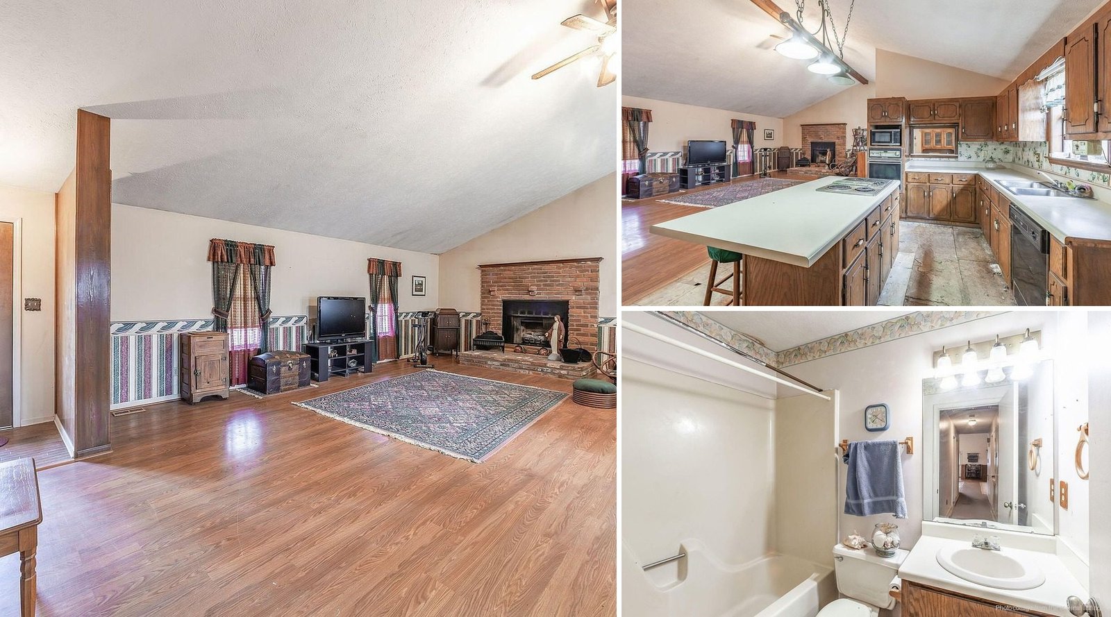 Interior of cheap farmhouse in Jackson Tennessee — 3 bedrooms brick fireplace continuous hardwood floors new roof HVAC windows