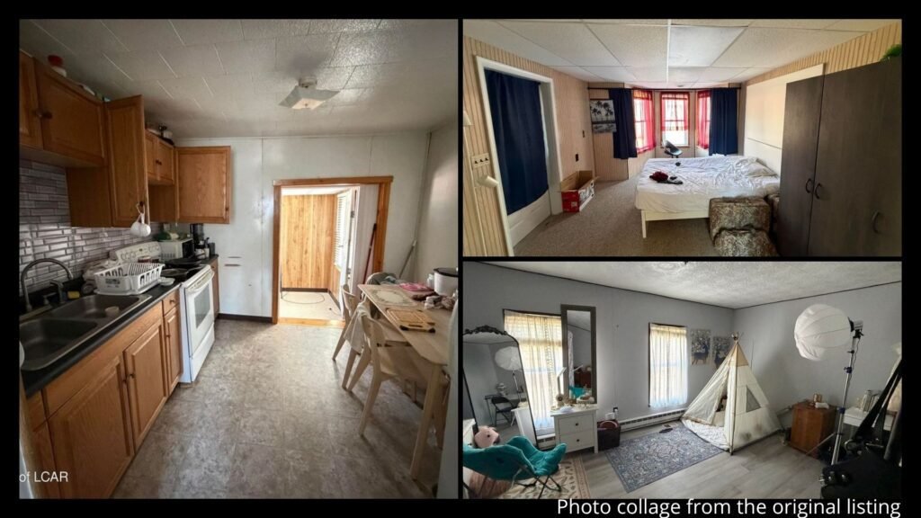 Interior collage of a two-story Pennsylvania home showing the living room, dining room, office space, and semi-modern kitchen in Dushore, Pennsylvania