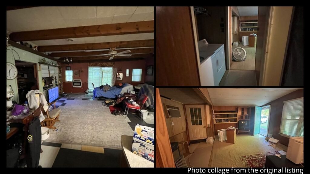 Interior collage of a rural Tennessee main house showing the living room, open kitchen, and practical layout across 1,690 square feet in Waynesboro, Tennessee