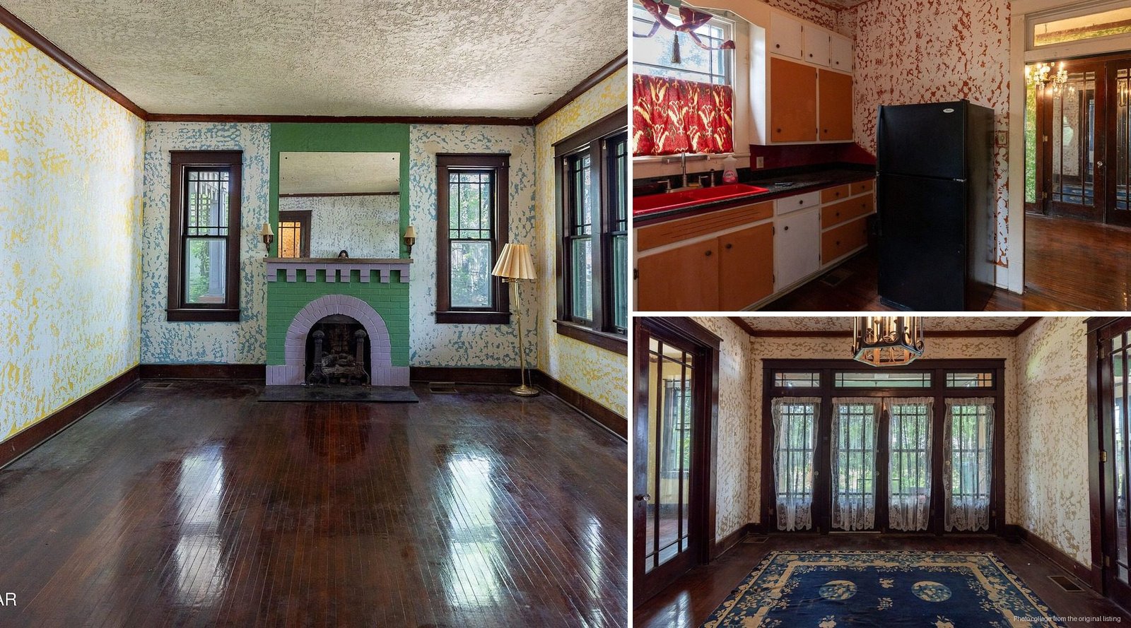 Interior of historic 1925 farmhouse in Milan Tennessee — 4 bedrooms 9 foot ceilings plaster walls original hardwood fireplace