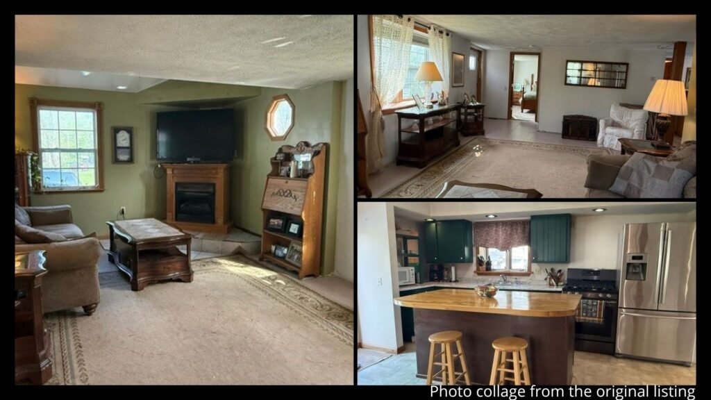 Interior collage of an 1880 Colonial farmhouse showing natural woodwork, kitchen with island, formal living room, and main level bedroom in Oneida, New York