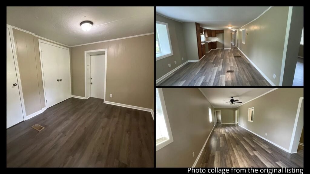 Interior collage of a fully remodeled rural Tennessee home showing the large living room, kitchen and dining combo, and updated finishes in Bruceton, Tennessee