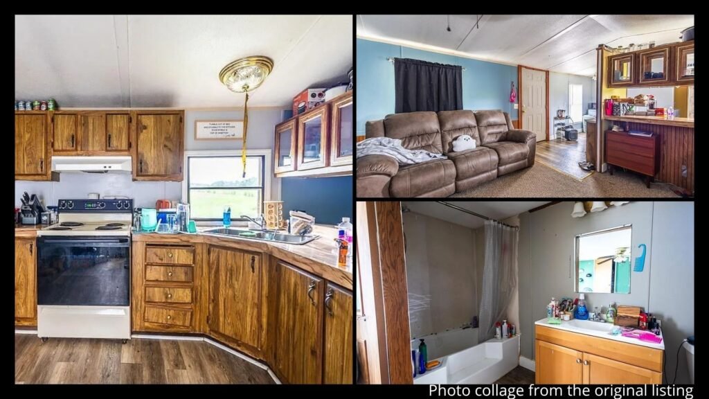 Interior collage of a rural Kentucky rental home showing the living area, eat-in kitchen, and bedrooms in Hodgenville, Kentucky