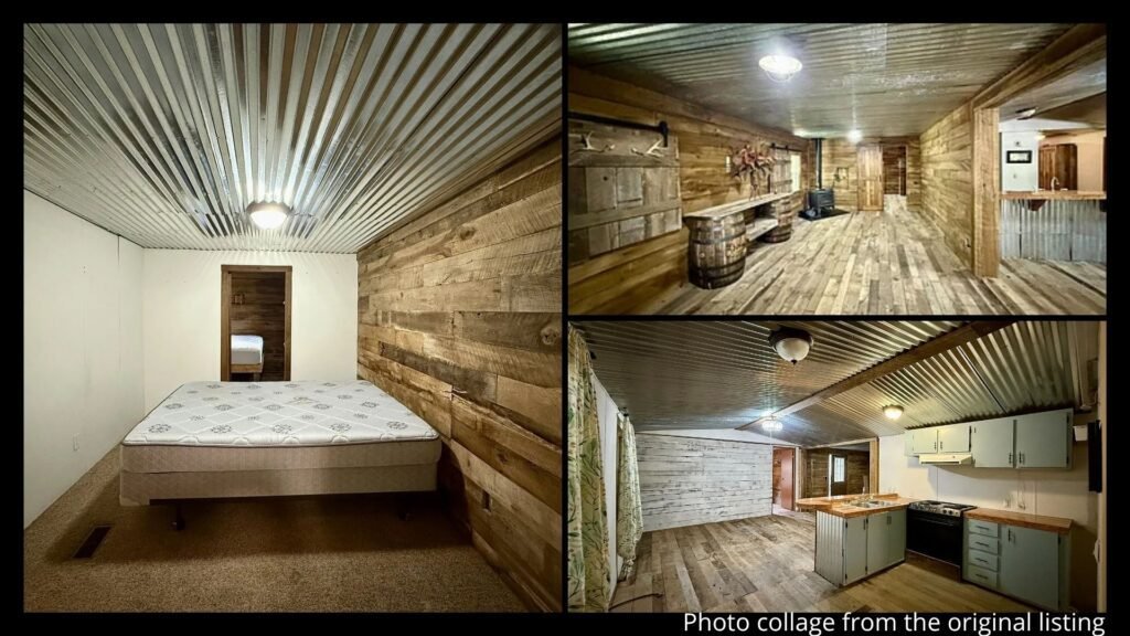 Interior collage of a rustic Tennessee cabin showing the large living room, open dining area, and covered front porch in Waverly, Tennessee