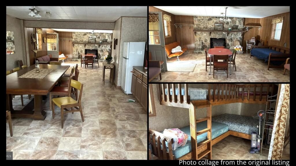 Interior collage of a 1930 Pennsylvania State Lease Cabin showing the stone fireplace, open floor plan, country kitchen, and bunk room in Beech Creek, Pennsylvania
