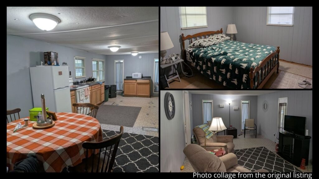 Interior collage of a four-bedroom Tennessee doublewide showing the sunroom, living areas, and kitchen near Piney River in Spring City, Tennessee