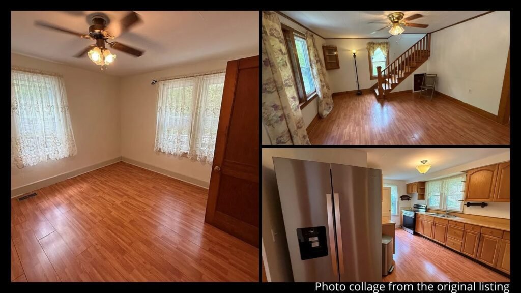 Interior collage of a freshly updated Virginia mountain cottage showing new appliances, living areas, and basement in Grundy, Virginia
