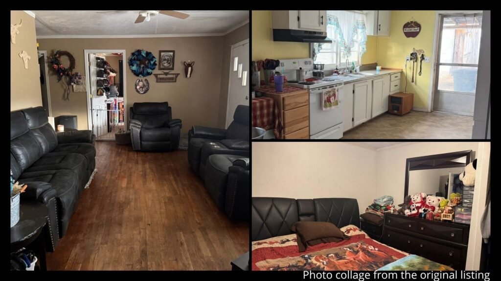 Interior collage of a rural Virginia ranch home showing beautiful updated flooring, spacious kitchen, and bonus room in Cleveland, Virginia