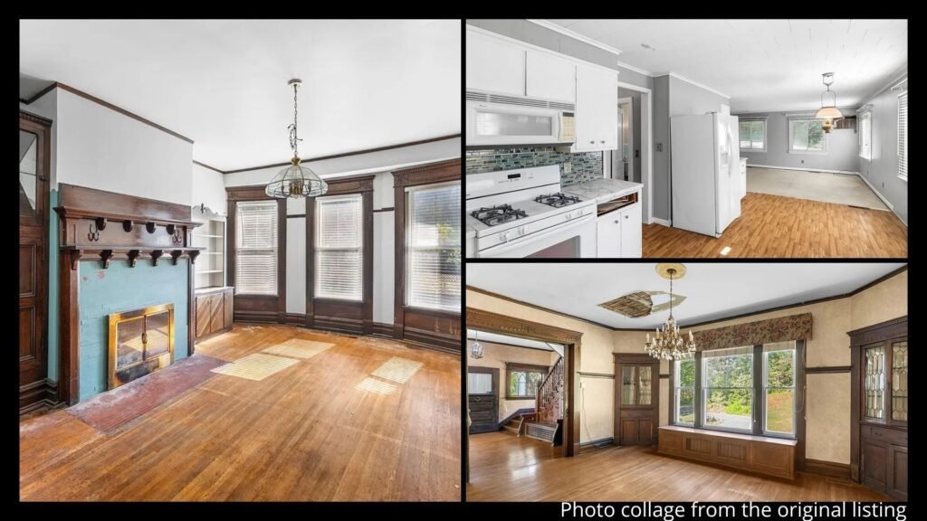 Interior collage of a 1905 Victorian home showing hardwood floors, crown molding, fireplaces, and formal living spaces in Earlington, Kentucky
