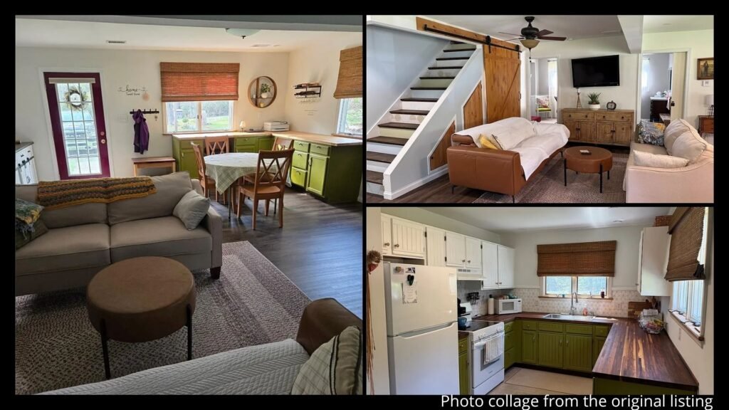 Interior collage of a renovated Pennsylvania river home showing the walnut butcher block kitchen, pellet stove, all-season room, and updated living spaces in Mahaffey, Pennsylvania