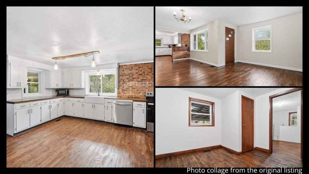 interior of updated Virginia farmhouse in Dungannon with hardwood floors, open kitchen, and living space