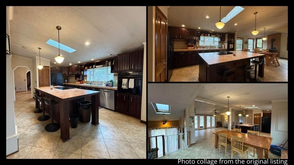 interior of Virginia farmhouse in Pound with open floor plan, kitchen island, family rooms, and bonus space