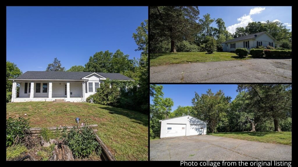 wooded acreage in Bassett Virginia with pasture, detached garage, driveway, and outdoor fireplace area