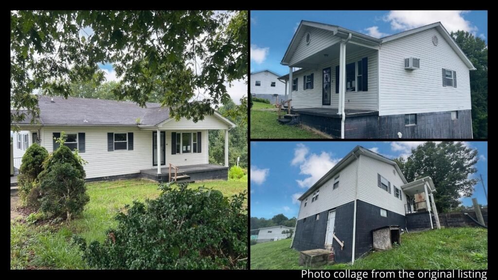 exterior of Clintwood Virginia fixer-upper with mountain views, half acre lot, rolling slope, and concrete basement