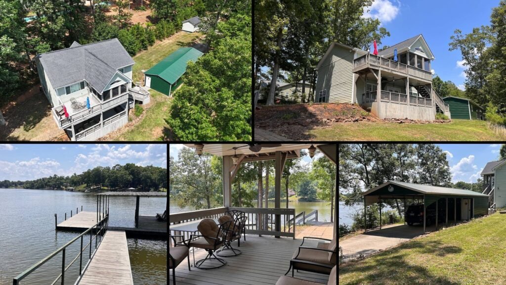 Exterior and land of cheap lakefront farmhouse in Abbeville South Carolina — 450+ ft of Lake Secession frontage, dock, boat slip, decks