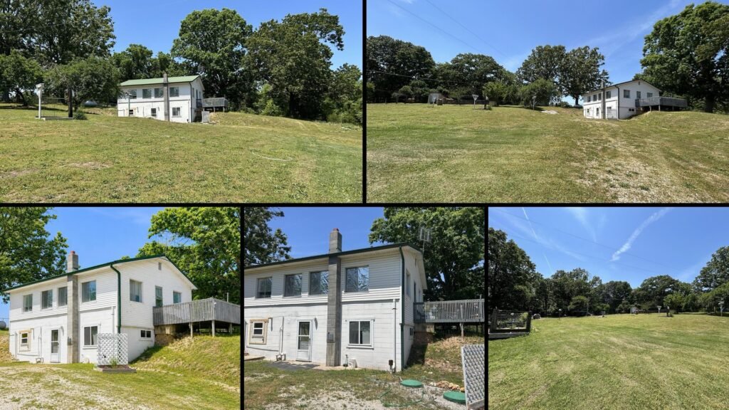 Exterior and land of cheap farmhouse in Ava Missouri — 3-acre hobby farm horse fencing chicken coop garden brick metal roof
