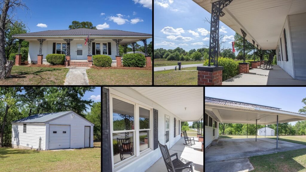 Exterior and land of cheap farmhouse in Bethune South Carolina — 2.53 acres, standing-seam metal roof, detached shop, solar with battery