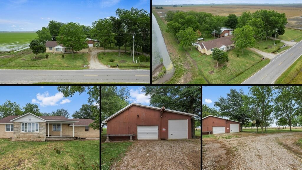 Exterior and land of cheap farmhouse in Bragg City Missouri — 2 acres Bootheel farmland pecan trees new generator barn new roof