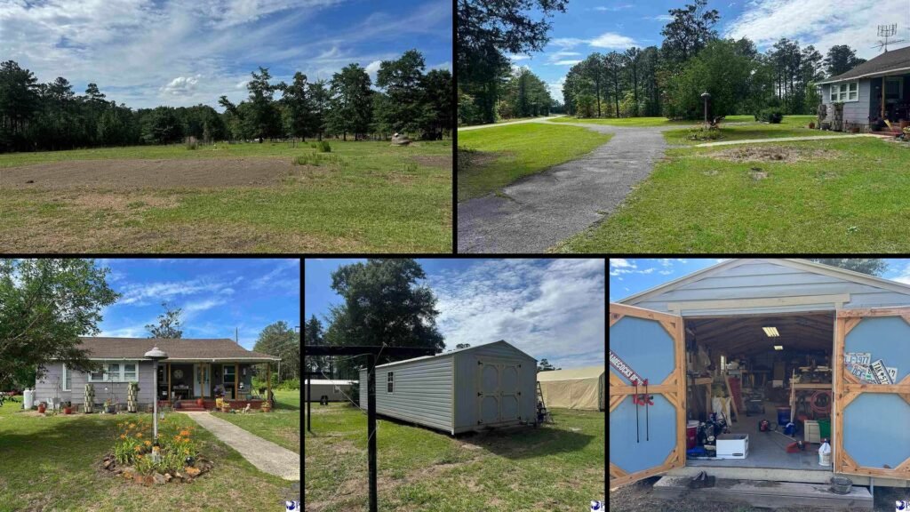 Exterior and land of cheap farmhouse in Chesterfield South Carolina — 6.24 acres, three powered outbuildings, paved circle driveway