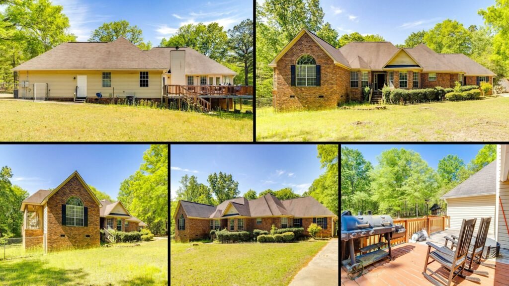 Exterior and land of cheap farmhouse in Elgin South Carolina — 2 acres, brick, large deck, screened porch, detached carport