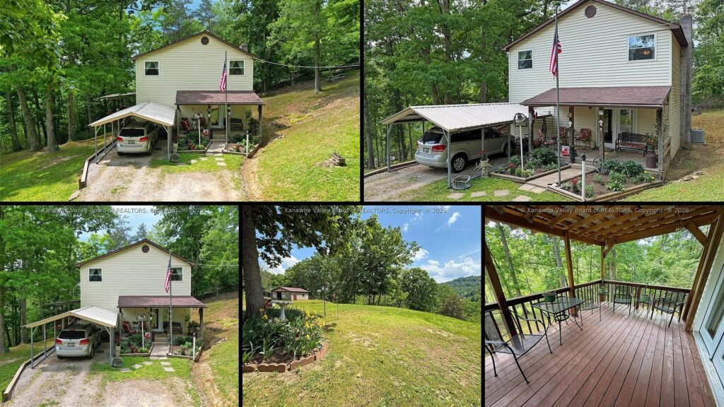 Exterior and land of cheap farmhouse for sale in Elkview, West Virginia — 5.08 acres.