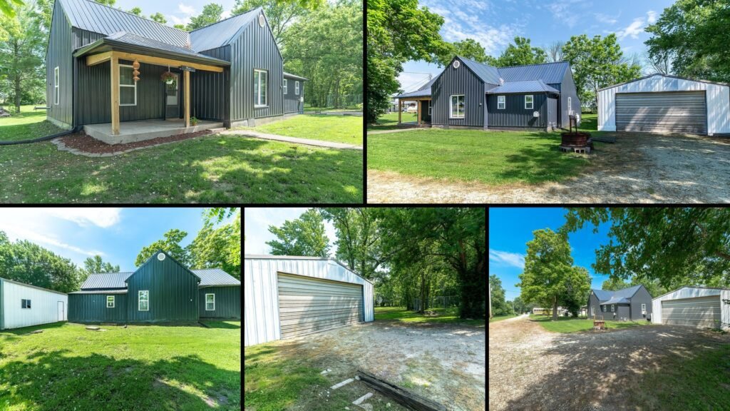 Exterior and land of cheap farmhouse in Excello Missouri — 1.25 acres metal roof metal siding oversized garage Highway 63