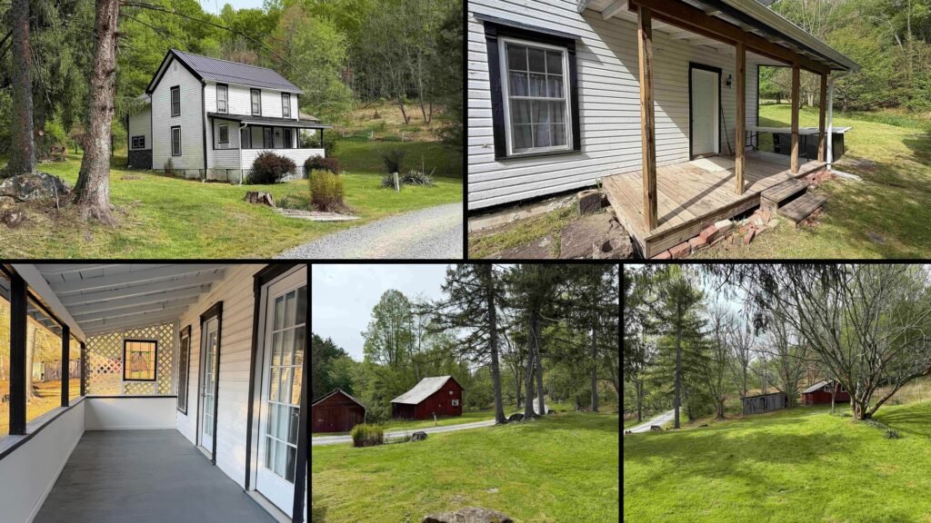 Exterior and land of cheap farmhouse for sale in French Creek, West Virginia — 22.29 acres.