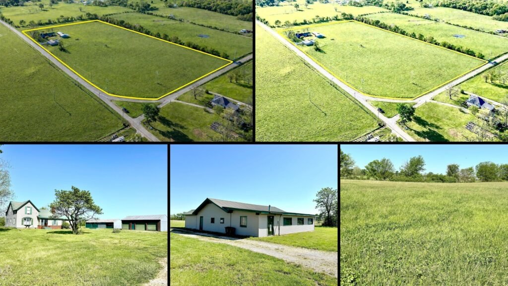 Exterior and land of cheap farmhouse in Greenfield Missouri — 18.8 acres former peach orchard 3 outbuildings panoramic views
