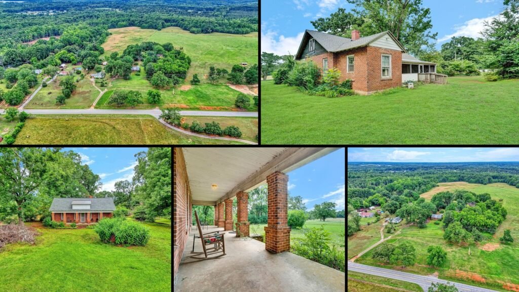 Exterior and land of cheap farmhouse in Laurens South Carolina — 5 acres, brick bungalow, full front porch, rear screened porch, new 2025 roof