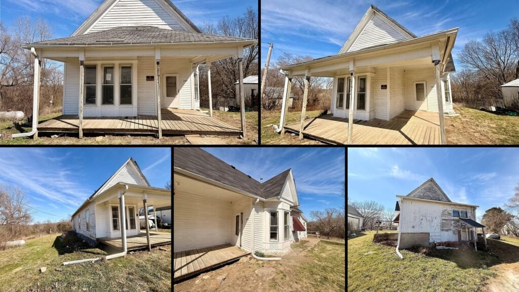Exterior and land of cheap home in Maysville Missouri — 0.7 acres covered front porch room to grow