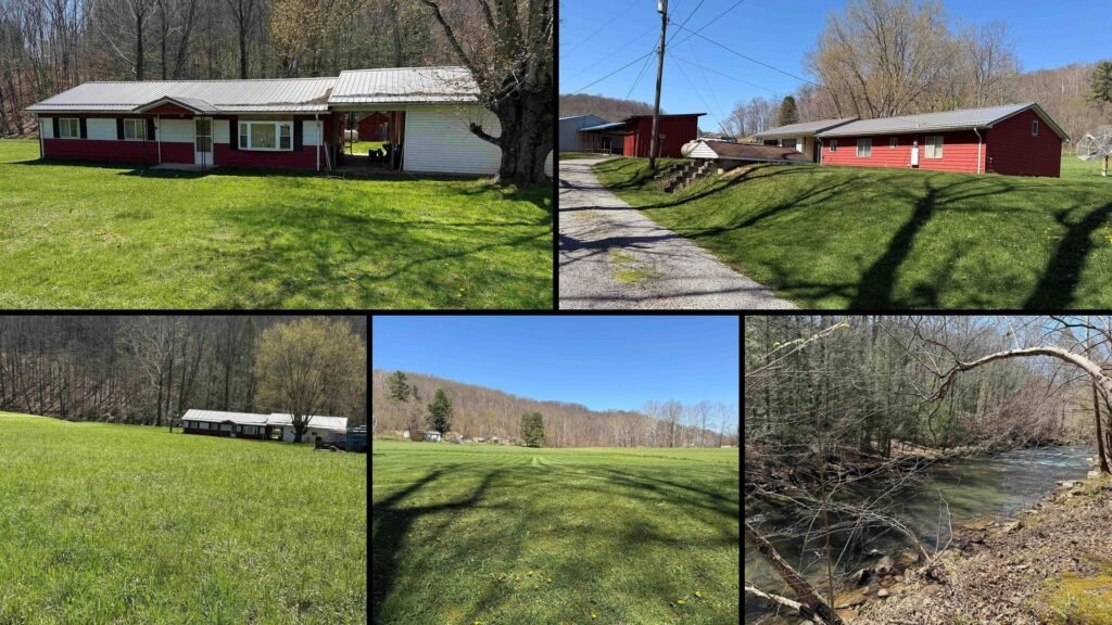 Exterior and land of cheap farmhouse for sale in Moatsville, West Virginia — 7 acres.
