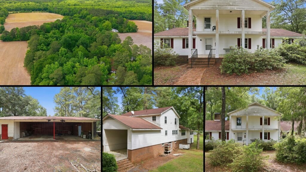 Exterior and land of cheap farmhouse in Mullins South Carolina — 2.17 acres, wide columned porch, upstairs balcony, personal creek