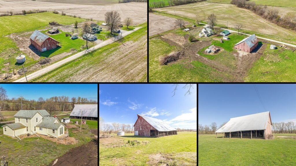 Exterior and land of cheap farmhouse in New Cambria Missouri — 8.79 acres Dutch barn orchard chicken house dead-end road