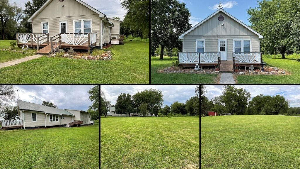 Exterior and land of cheap farmhouse in Pattonsburg Missouri — 2 acres near Interstate 35 double garage apple trees well and rural water