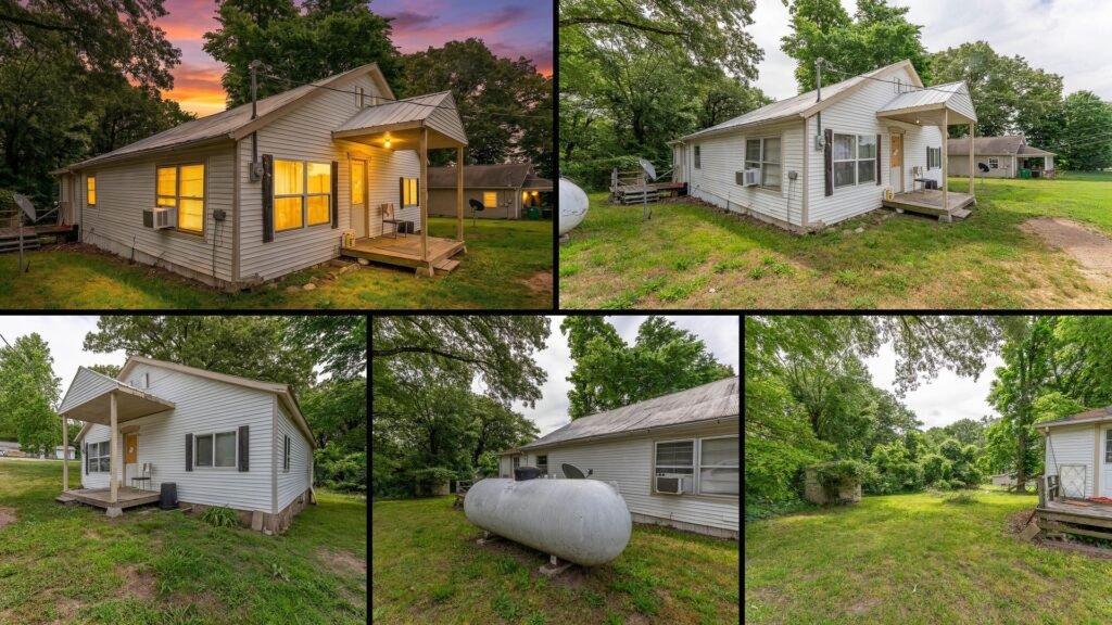 Exterior and land of cheap farmhouse in Thayer Missouri — metal roof side deck near Grand Gulf State Park Spring River