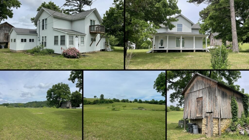 Exterior and land of cheap farmhouse in Thornfield Missouri — 4.7 acres Ozark hills walnut pine corn crib near Bull Shoals Lake