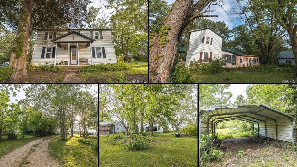 Exterior and land of cheap farmhouse in Vienna Missouri — 5.07 acres 4 fenced barn chicken coop public water and sewer