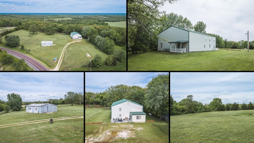 Exterior and land of cheap farmhouse in Vienna Missouri — 6.64 acres pastureland equipment shed covered patio horses