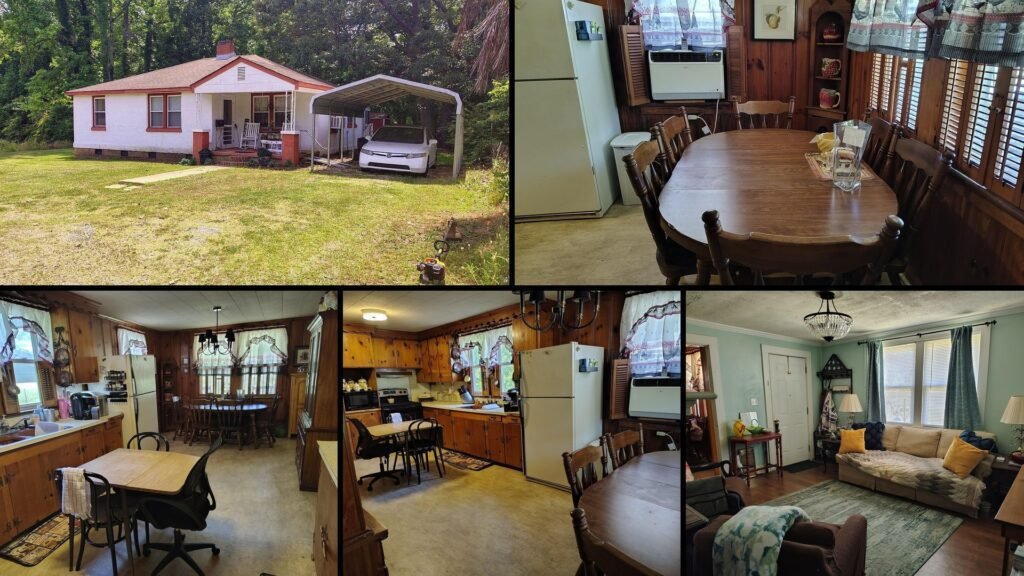 Exterior and land of cheap farmhouse in Ware Shoals South Carolina — 0.67 acres, two-car carport, storage building, Highway 25