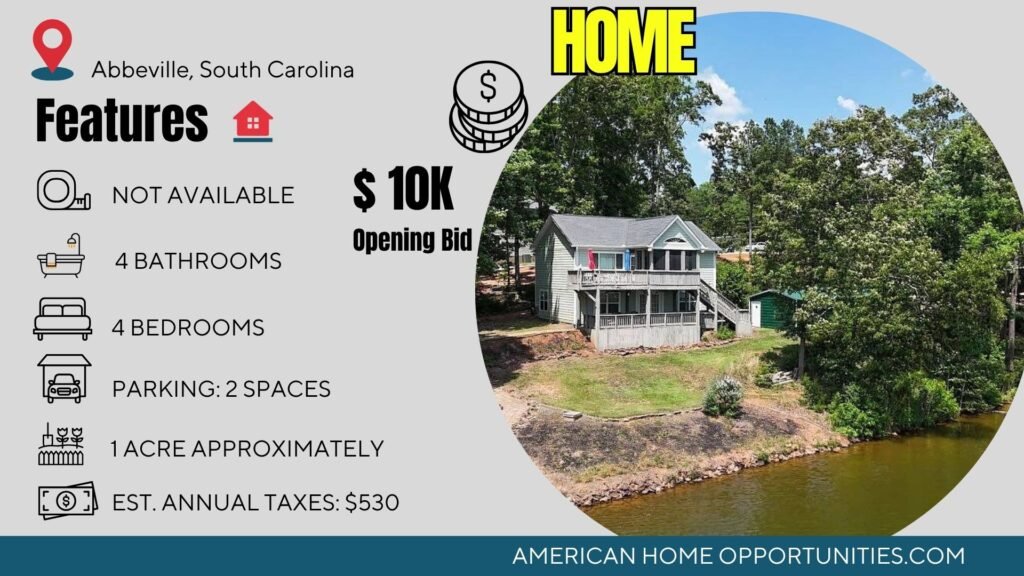 Price card for cheap lakefront farmhouse in Abbeville South Carolina — Lake Secession, 4 bedrooms 3.5 baths, auction est. $10,000
