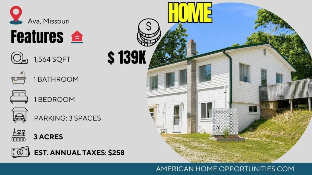 Price card for cheap farmhouse in Ava Missouri — 3-acre hobby farm horse fencing $139,900