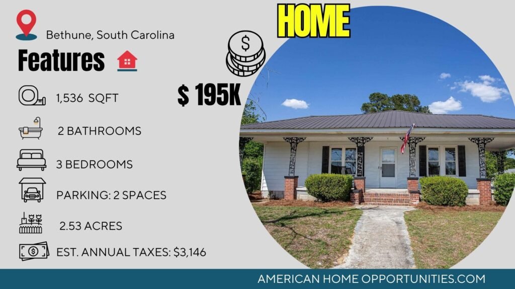 Price card for cheap farmhouse in Bethune South Carolina — 2.53 acres, 3 bedrooms 2 baths, $195,000
