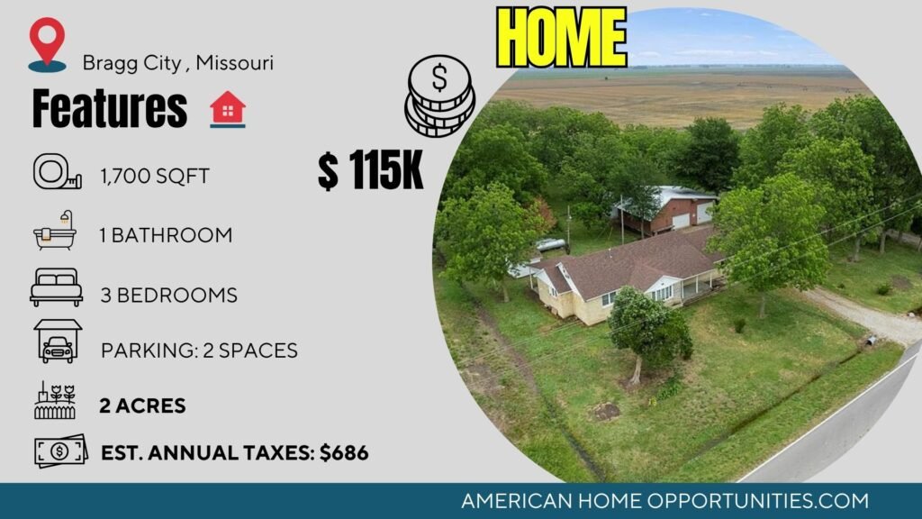 Price card for cheap farmhouse in Bragg City Missouri — 3 bed brick ranch 2 acres pecan trees $115,000
