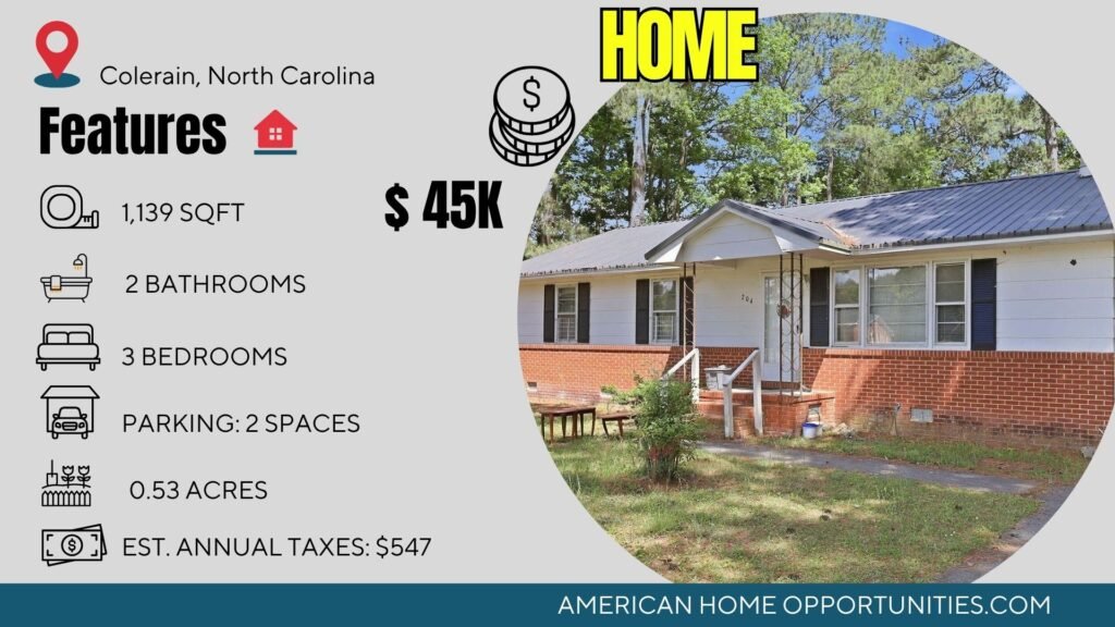 Price card for cheap farmhouse in Colerain North Carolina — 0.53 acres, 3 bedrooms 1.5 bath, $45,000