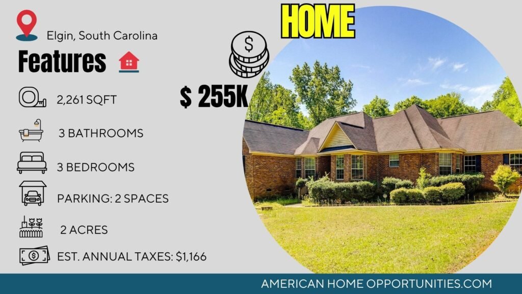 Price card for cheap farmhouse in Elgin South Carolina — 2 acres, 3 bedrooms 3 baths, $255,000