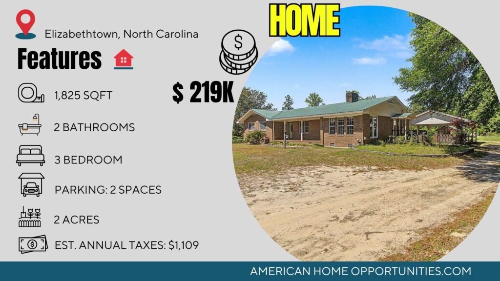 Price card for cheap farmhouse in Elizabethtown North Carolina — 2 acres, 3 bedrooms 2 bath, $219,000