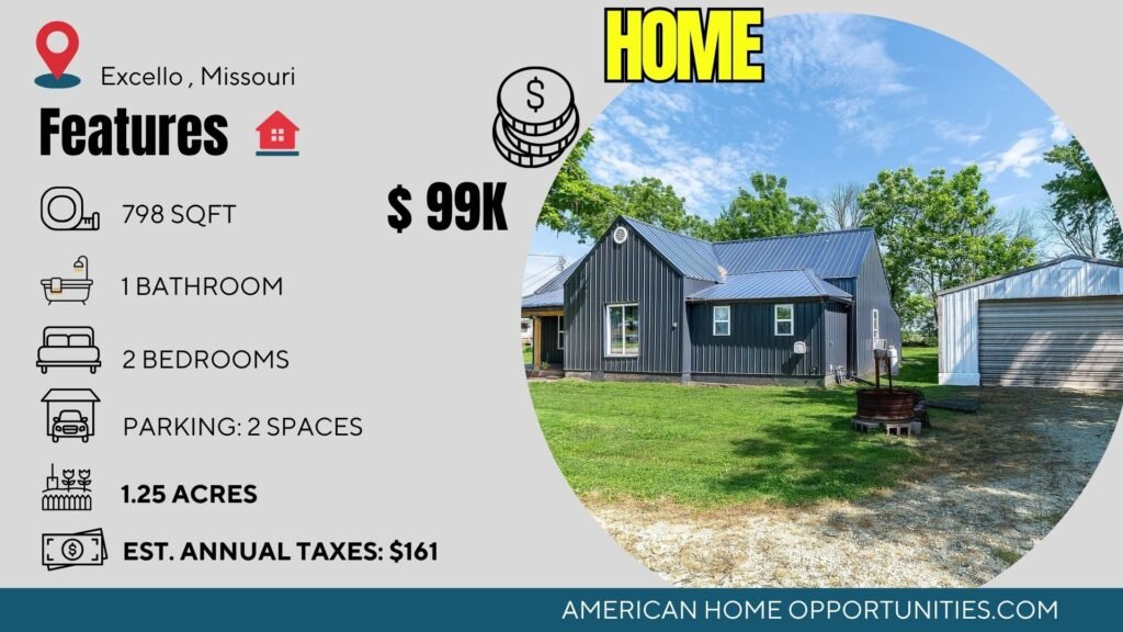 Price card for cheap farmhouse in Excello Missouri — 1.25 acres custom kitchen metal roof $99,500