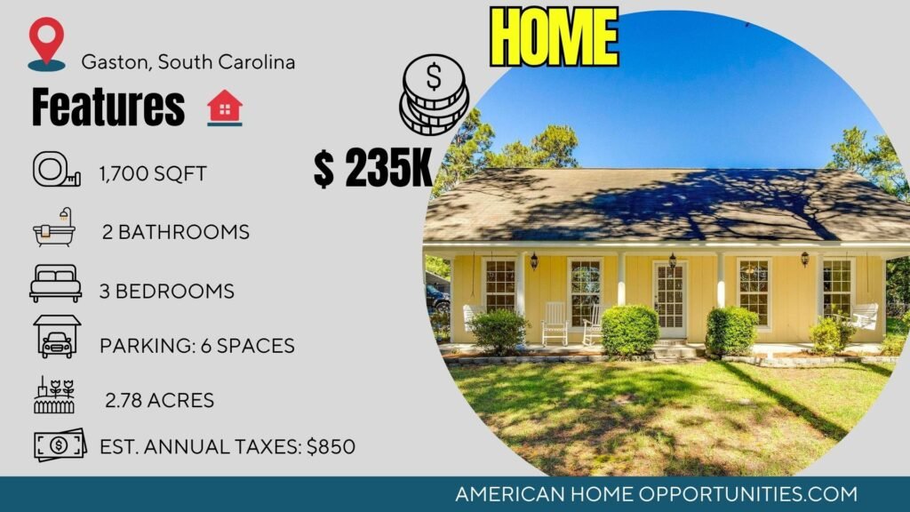 Price card for cheap farmhouse in Gaston South Carolina — 2.78 acres, 3 bedrooms 2 baths, $235,000