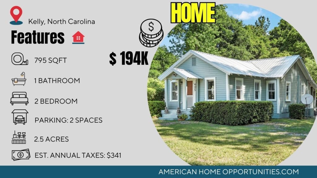 Price card for cheap farmhouse in Kelly North Carolina — 2.5 acres, 2 bedrooms 1 bath, $194,000